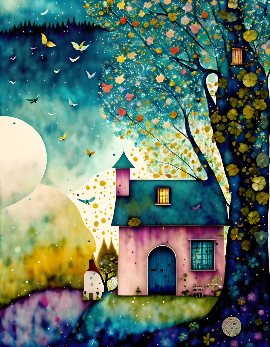 Colorful illustration of house under tree with lanterns, birds, and floating leaves in moonlit night