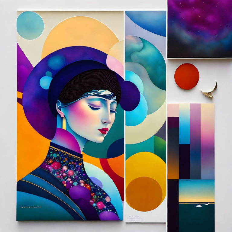 Vibrant modern art: stylized woman portrait, abstract shapes, serene landscape