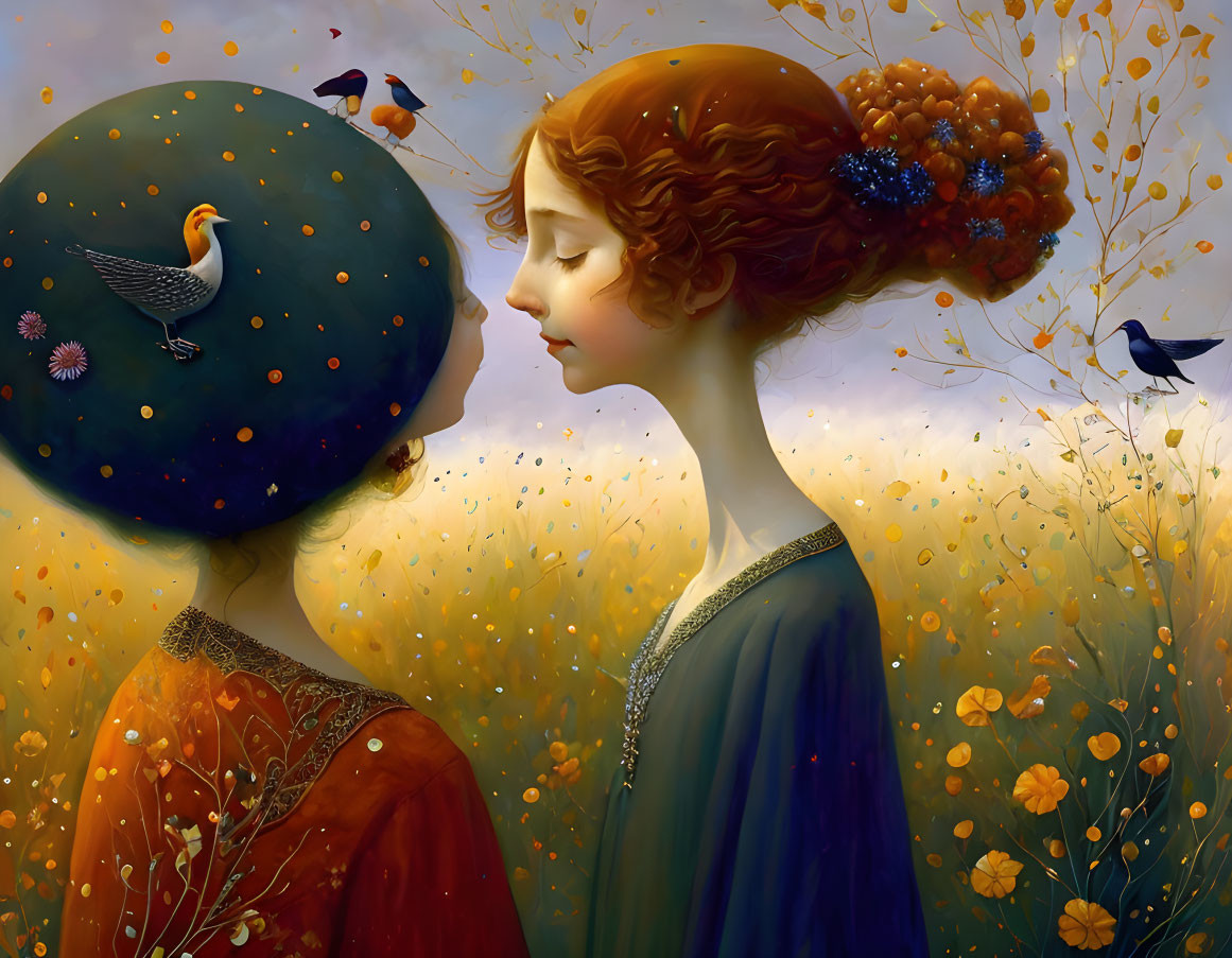 Surreal illustration: figures with night sky head, bird, red hair, flowers in golden field