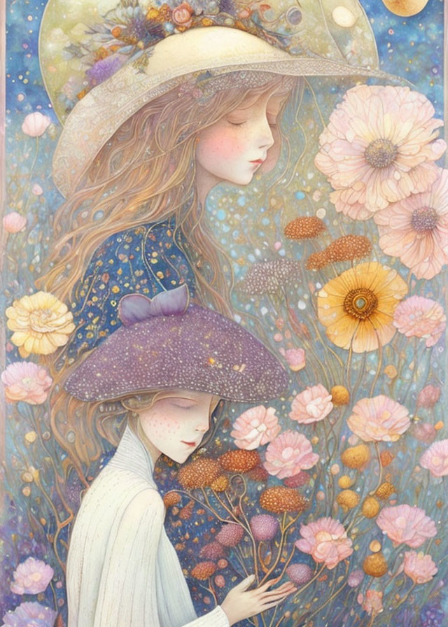 Ethereal women with floral and planetary hats in surreal cosmos