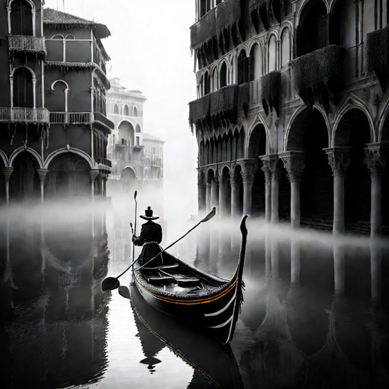 Gondolier in hat navigating misty canals of Venice