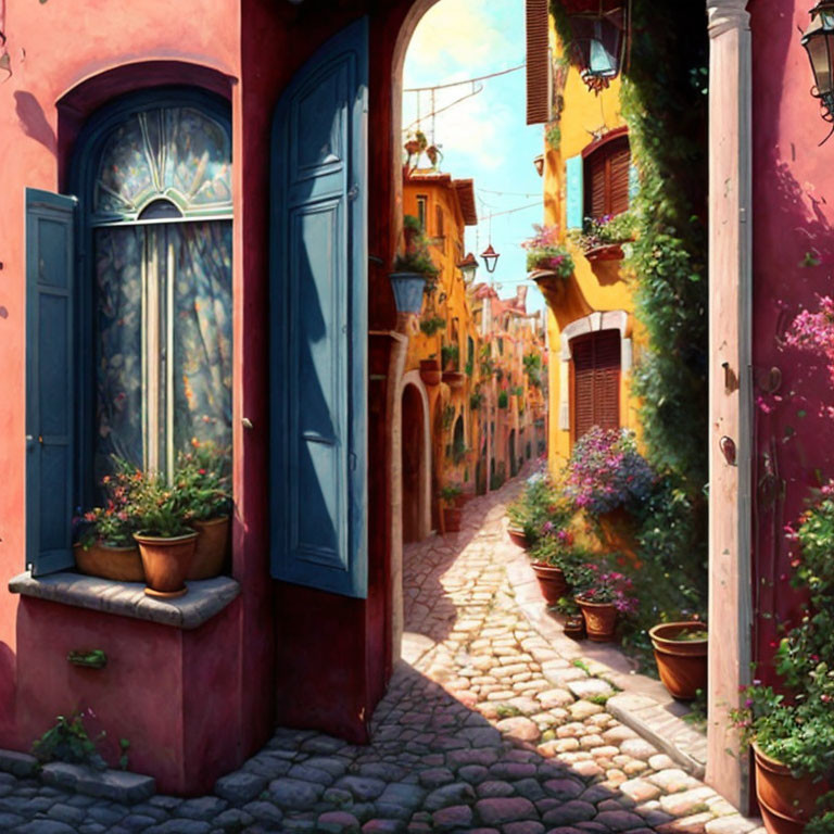 Vibrant cobblestone alley with colorful buildings and flowers