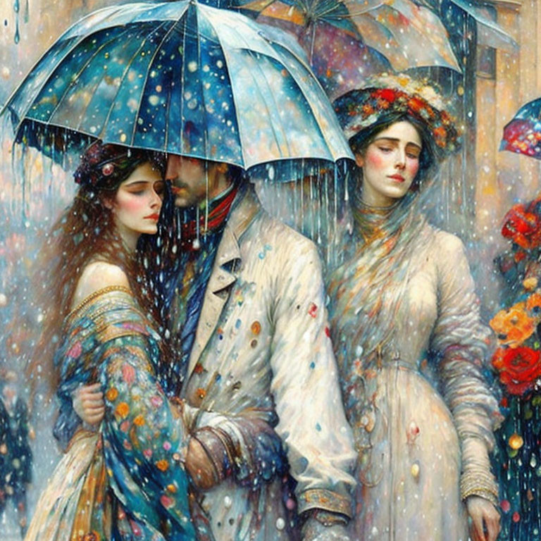 Romantic painting of couple under blue umbrella in snow with vibrant flowers