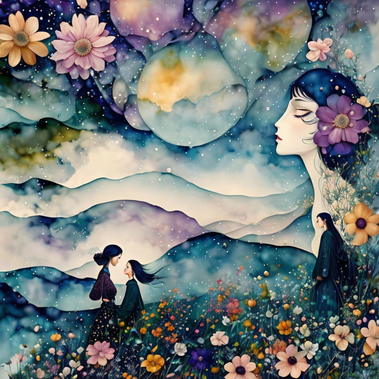 Silhouette of a woman merging with night sky over floral field with two figures holding hands