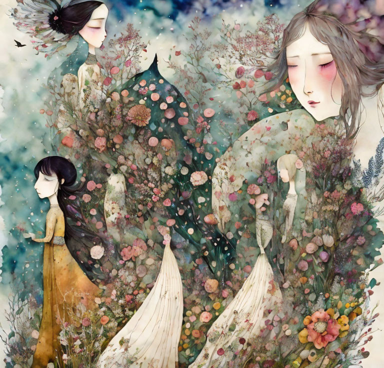 Ethereal female figures in floral backdrop, dreamy watercolor scenery