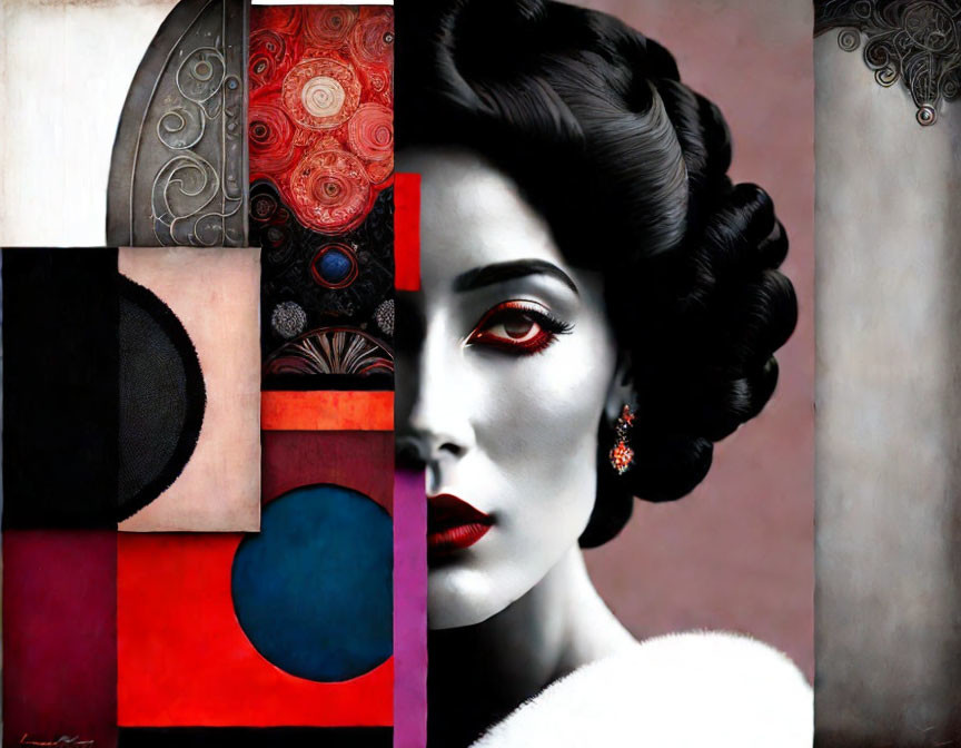 Stylized portrait of woman with red lipstick, dramatic eye makeup, and abstract geometric elements