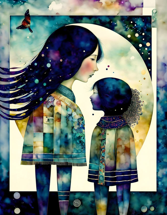 Colorful Illustration of Woman and Child Touching Foreheads in Starry Background