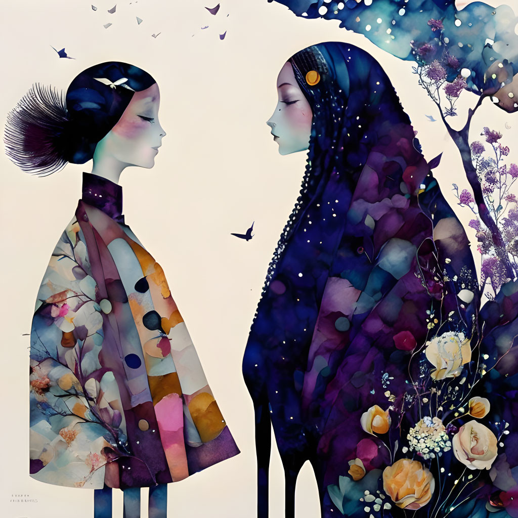 Stylized female figures with floral patterns in watercolor-like illustration