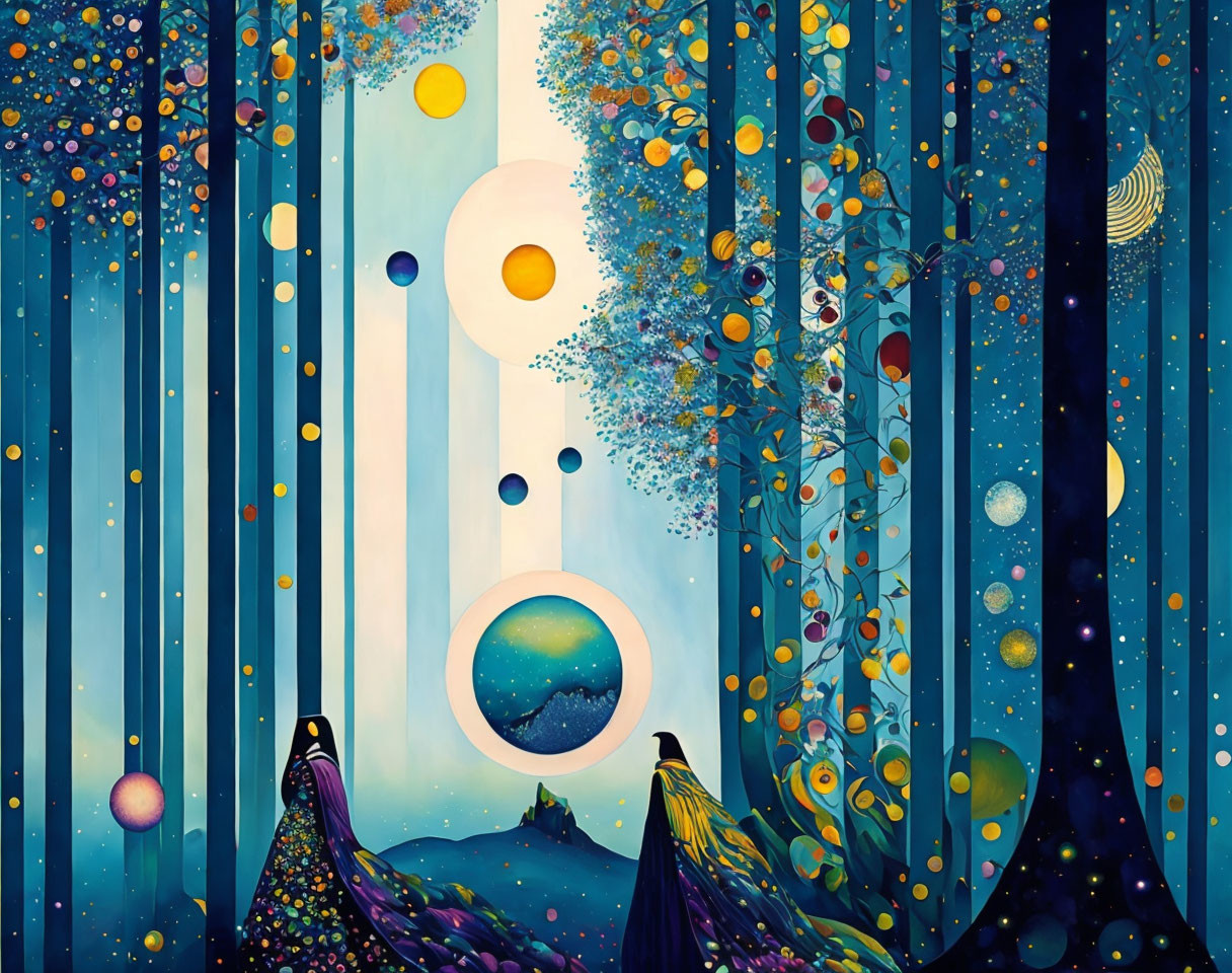 Celestial-themed artwork with planets, stars, lush flora, blue and white stripes