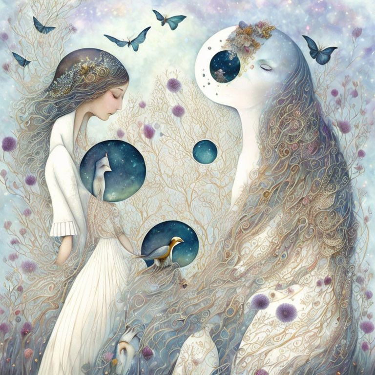 Surreal illustration of woman holding moon, facing ethereal figure with floral and space motifs