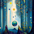 Celestial-themed artwork with planets, stars, lush flora, blue and white stripes