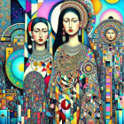 Colorful painting of three stylized female figures with celestial and architectural motifs