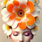 Woman with closed eyes and floral headpiece in harmonious makeup palette.