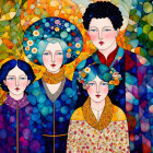 Colorful Artwork Featuring Four Figures in Decorative Clothing and Floral Headpieces