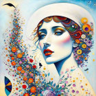 Colorful painting: Woman with red hair, white hat, flowers, bird