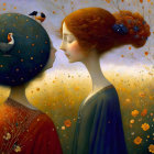 Surreal illustration: figures with night sky head, bird, red hair, flowers in golden field