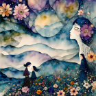 Silhouette of a woman merging with night sky over floral field with two figures holding hands