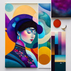 Vibrant modern art: stylized woman portrait, abstract shapes, serene landscape