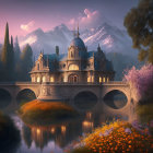 Fantasy-style palace with domed roofs on bridge amid lush flora