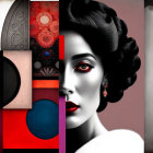 Stylized portrait of woman with red lipstick, dramatic eye makeup, and abstract geometric elements