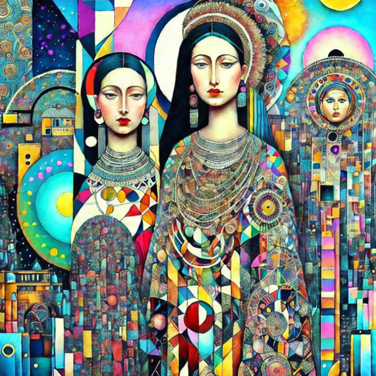 Colorful painting of three stylized female figures with celestial and architectural motifs