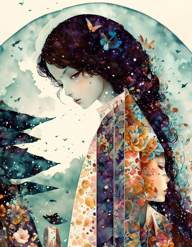 Cosmos-themed woman illustration with butterflies and floral kimono