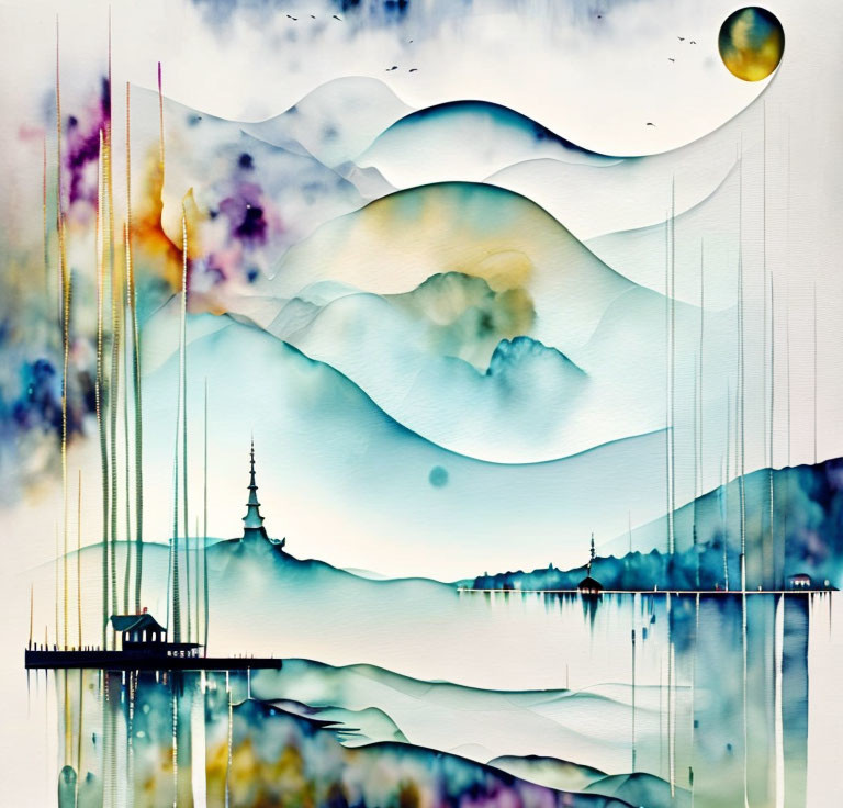 Serene watercolor landscape with mountains, lake, Asian architecture, and celestial body