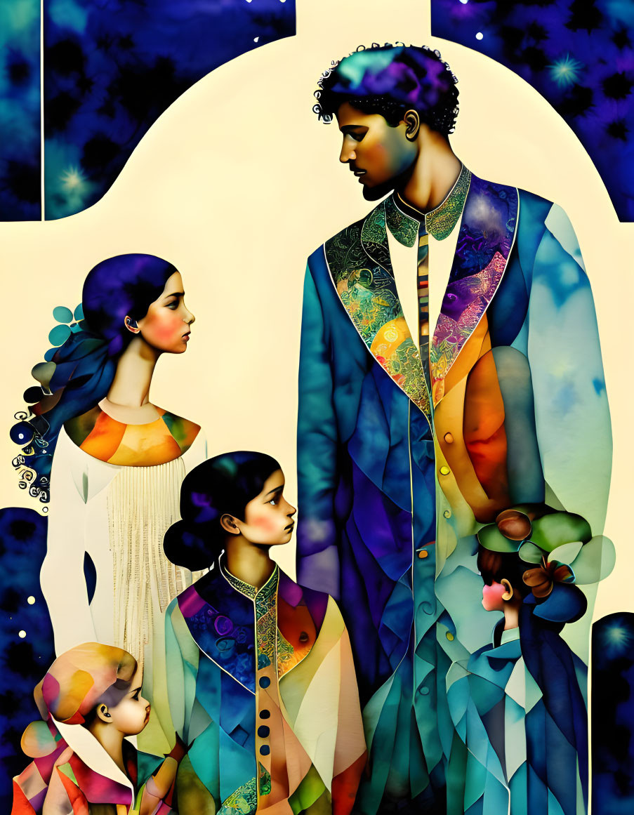 Colorful Digital Artwork: Stylized Figures with Celestial Motifs