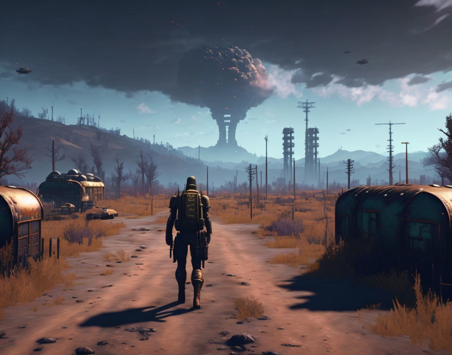 Desolate post-apocalyptic landscape with person walking towards mushroom cloud