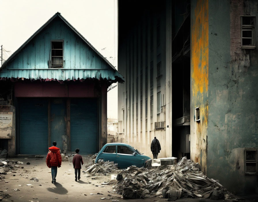 Person in red with child in desolate alley next to blue car and debris piles.