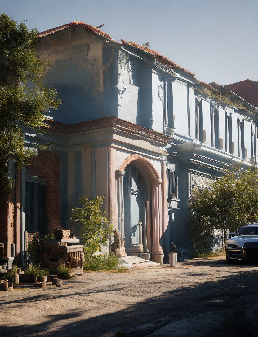 Traditional cobblestone street with old blue and peach buildings in soft sunlight