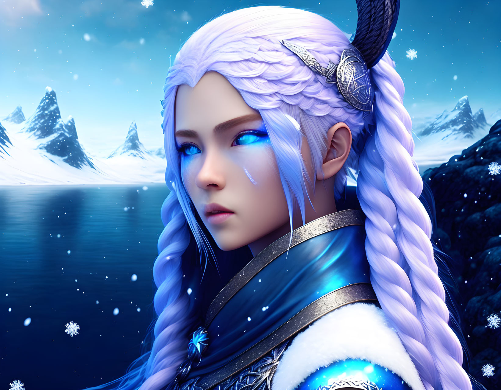 Fantasy female character with braided hair and armor in snowy landscape