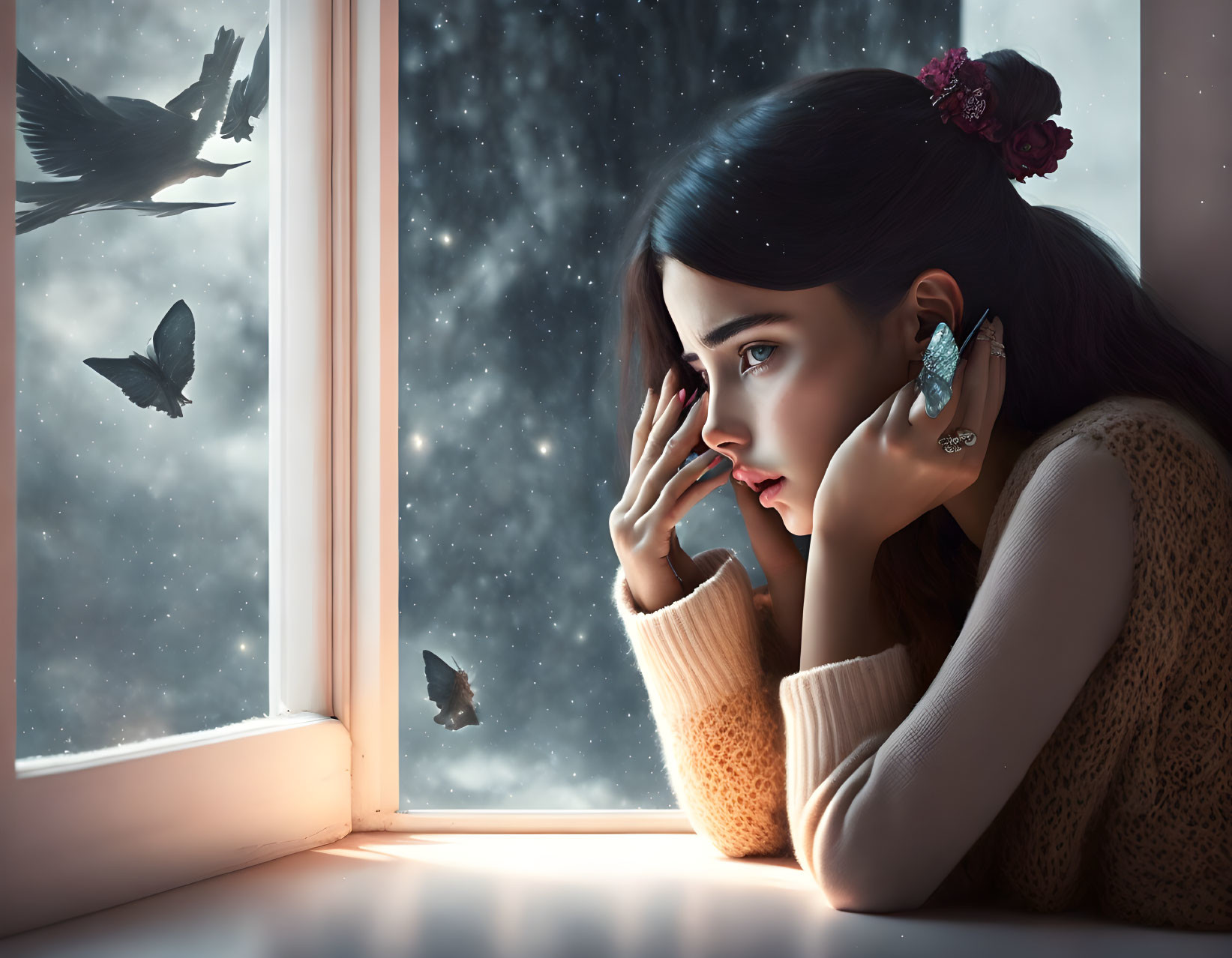 Woman with flower in hair gazes out snowy window at night with flying birds in starry sky