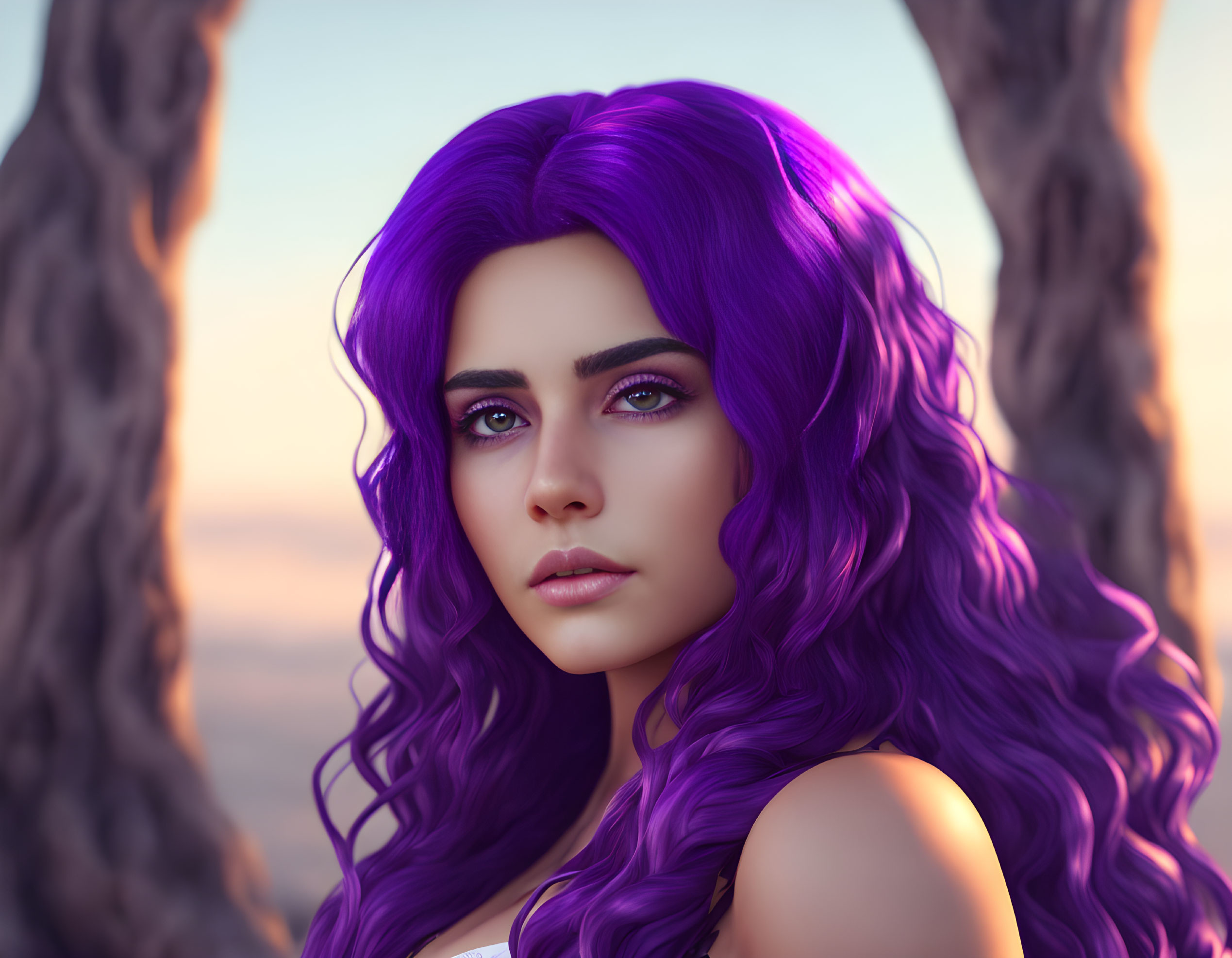 Digital illustration: Woman with purple hair and blue eyes between blurred  tree trunks | Deep Dream Generator