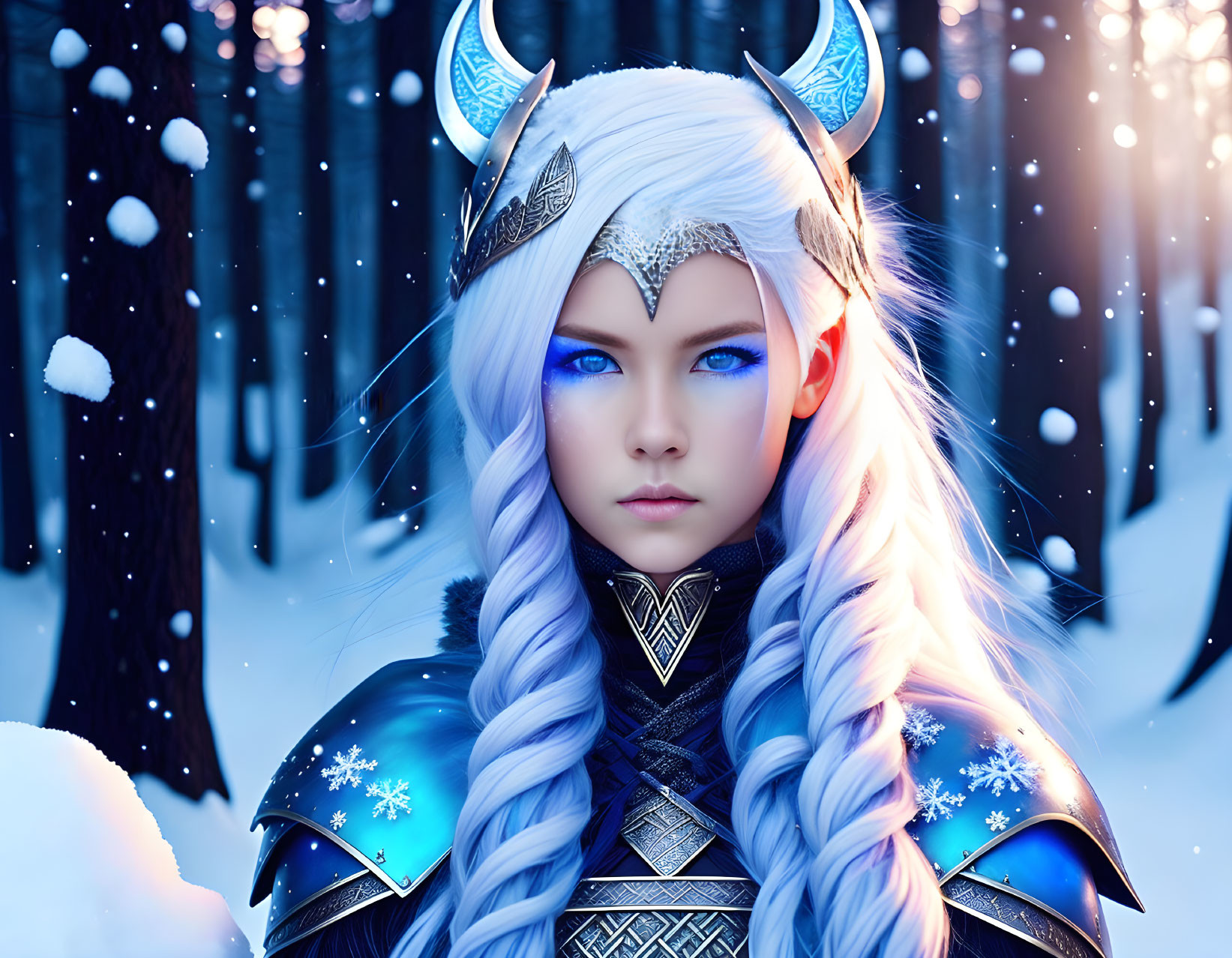 Fantasy character with blue eyes and white hair in horned headgear, snowy forest scene