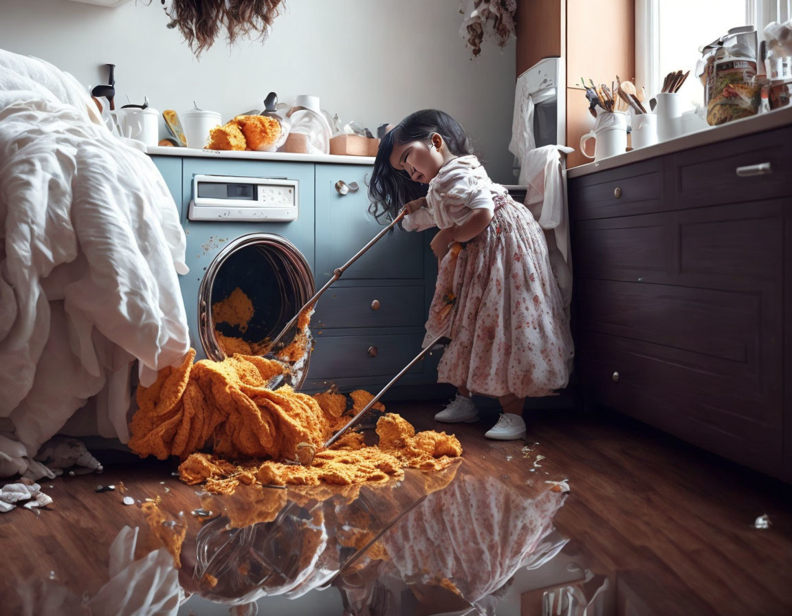 Young girl cleaning large orange mess in kitchen with mop, washing machine, and bed nearby