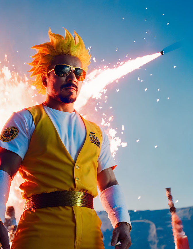 Spiked yellow hair man with sunglasses in front of fiery explosion