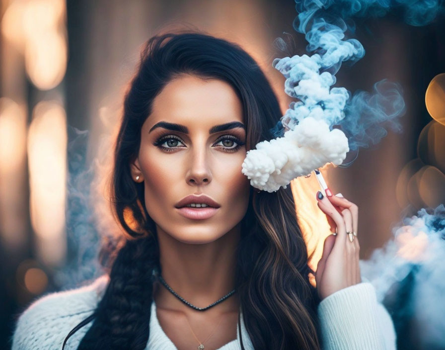 Striking woman exhales smoke in soft light background