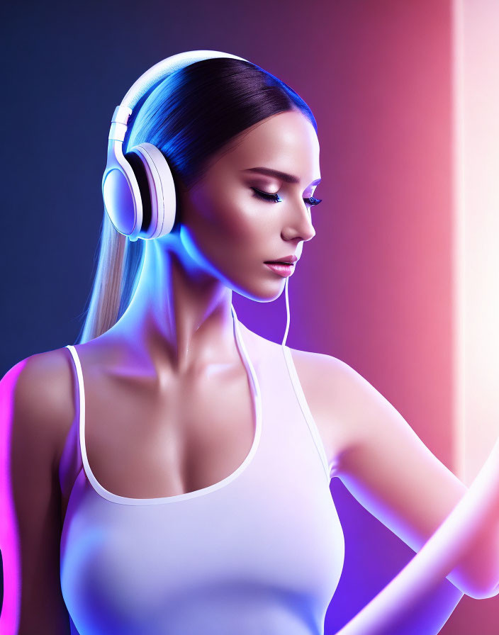 Woman in White Headphones with Neon Background