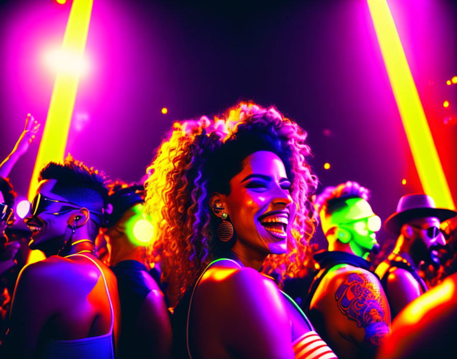 Colorful Club Scene: Joyful Dancing People and Smiling Woman with Curly Hair