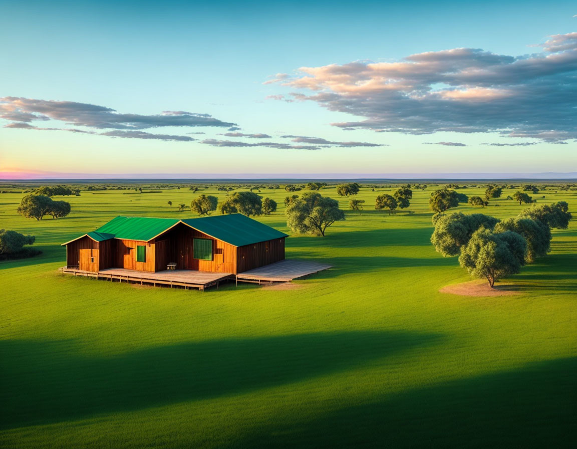 Tranquil sunset scene with house in lush greenery