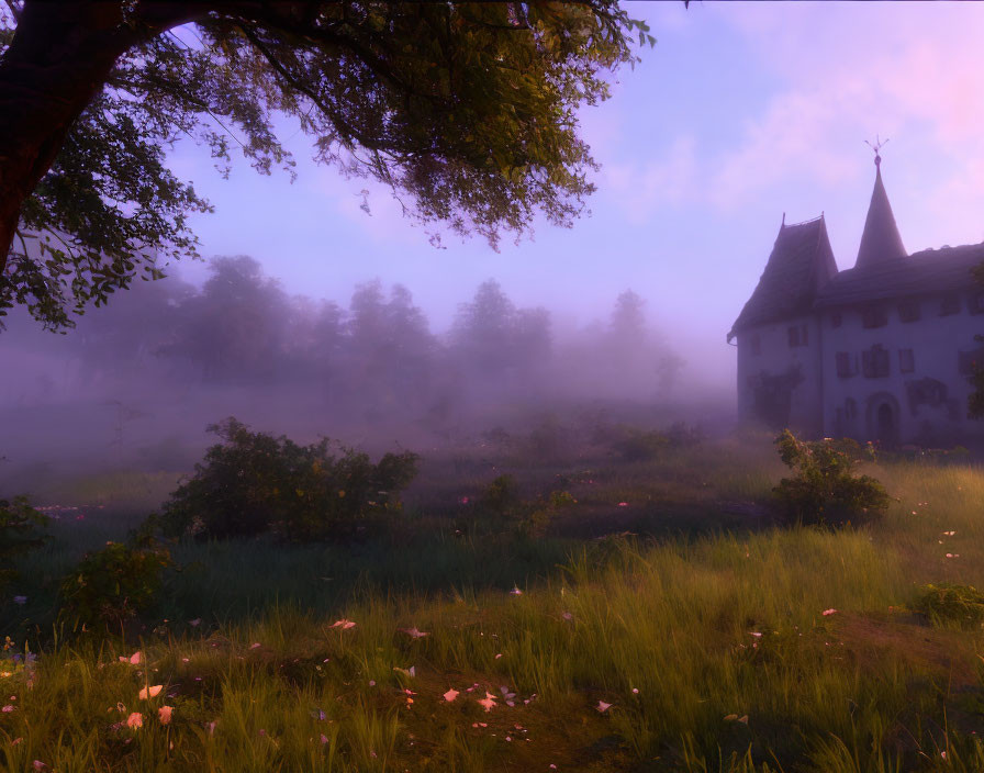 Tranquil dawn scene: foggy meadow, wildflowers, house, tree silhouette