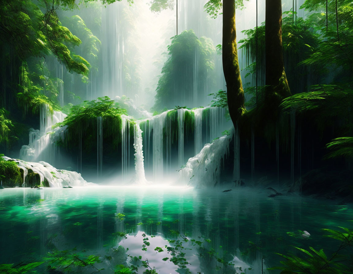 Serene turquoise pond in lush forest with waterfalls