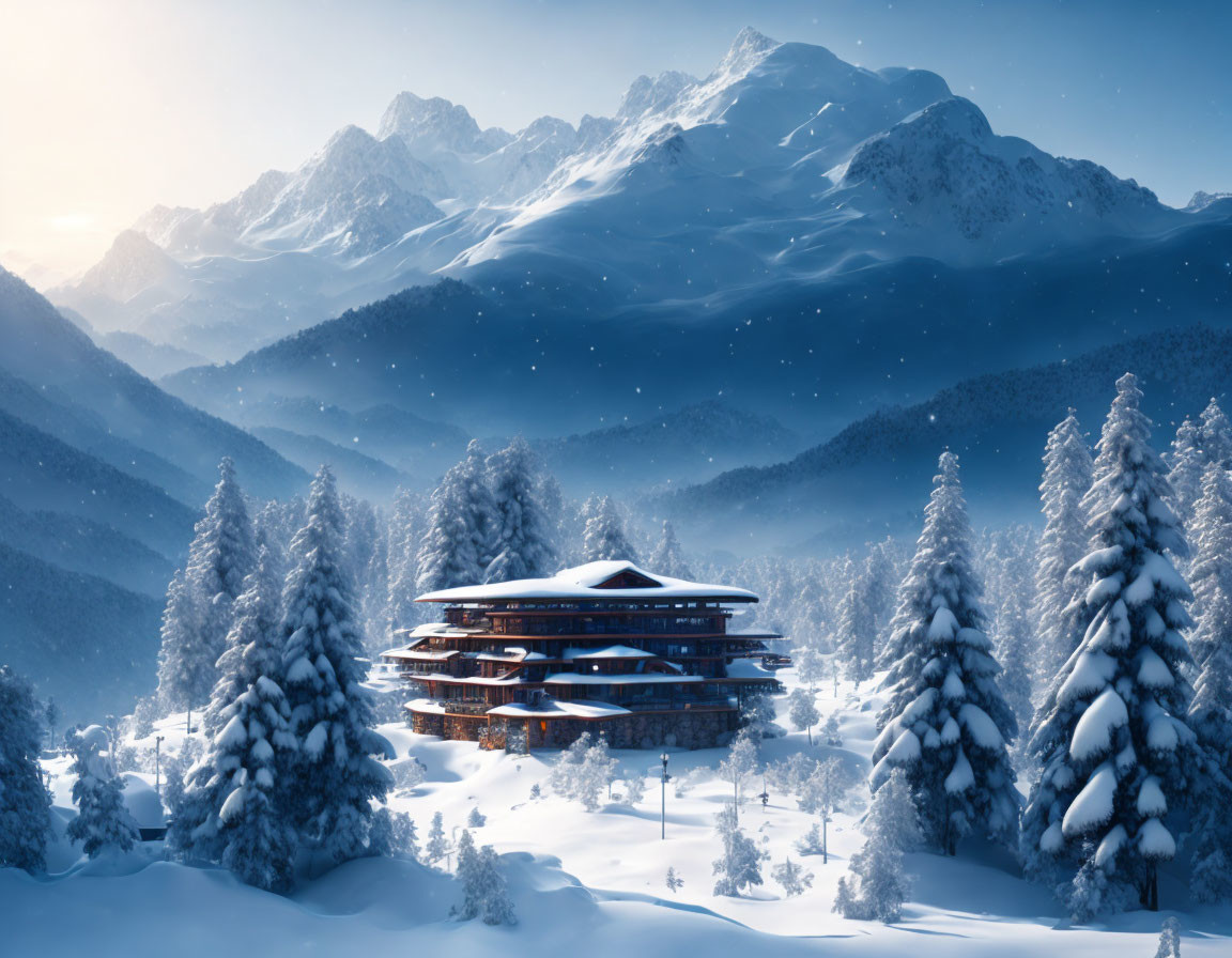 Snow-covered chalet in winter landscape with mountains and pine trees