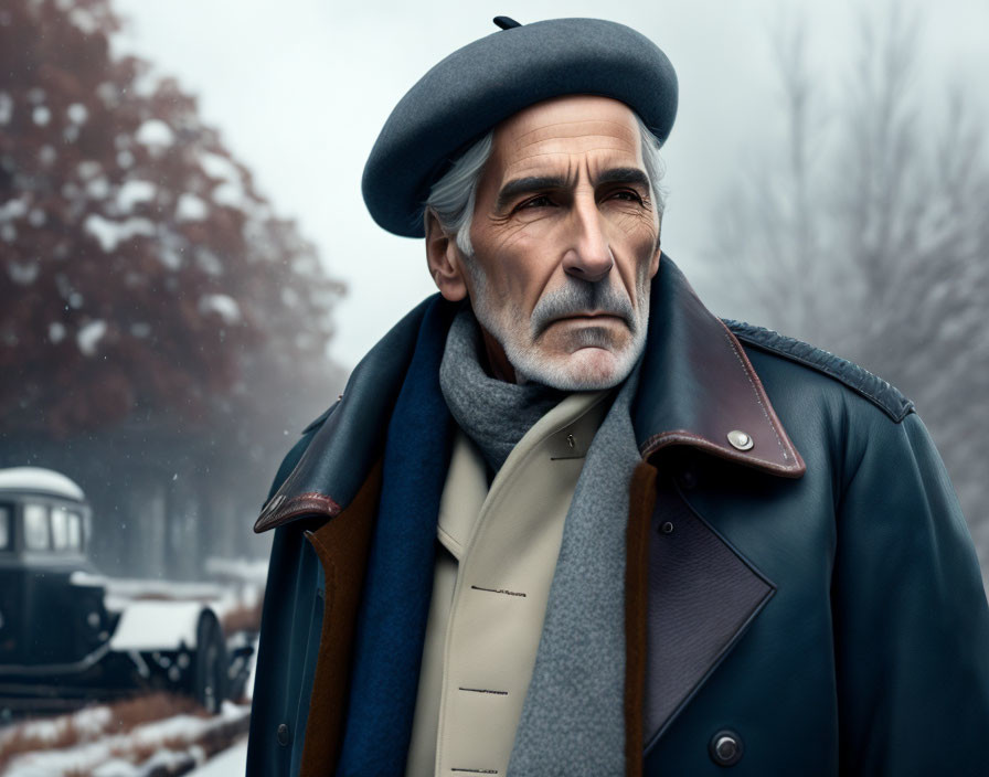 Elderly man in beret and winter coat with snowy trees and vintage car.