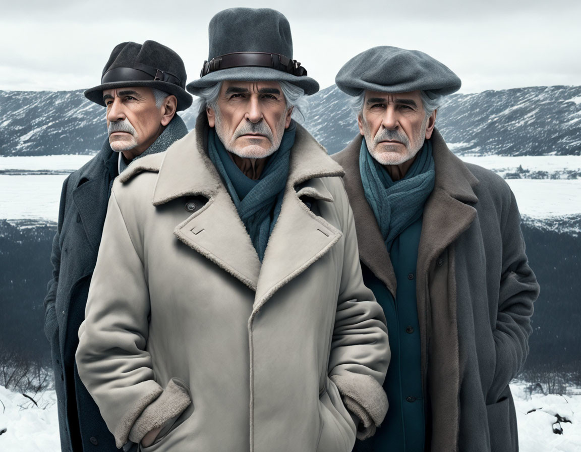 Men in winter coats and hats against snowy mountain backdrop