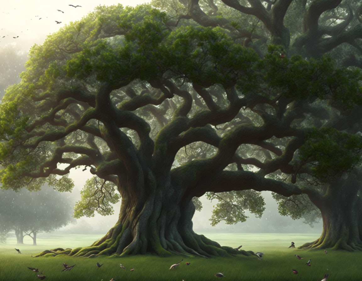 Ancient tree with expansive branches in misty forest glade