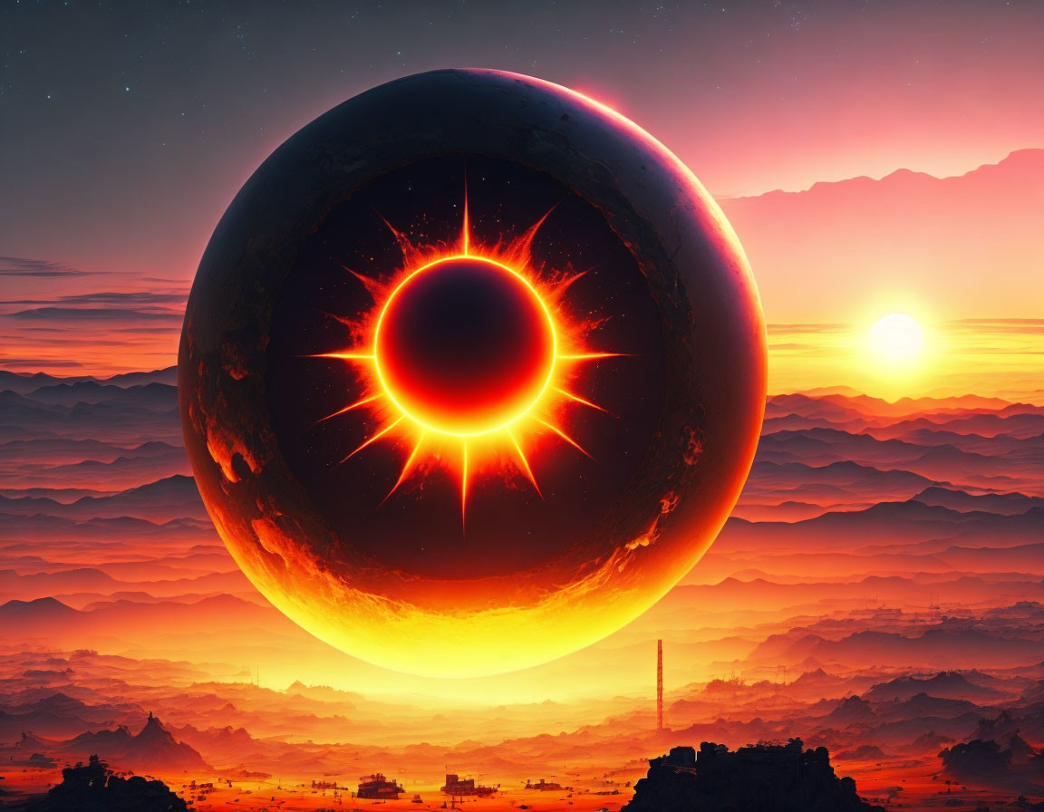 Orange Sky Over Vast Landscape with Ominous Red Eye Symbol