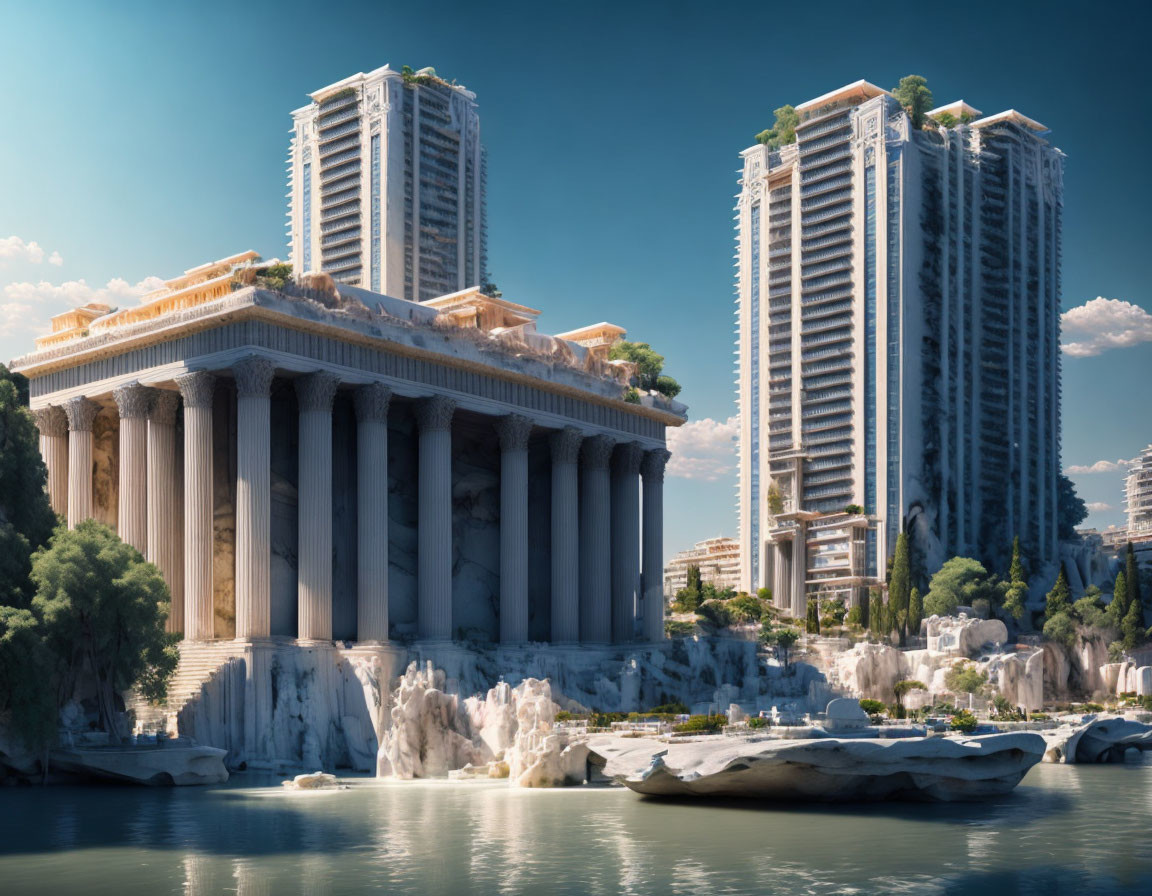 Digital artwork: Ancient Greek architecture meets modern skyscrapers in serene waterfront scene