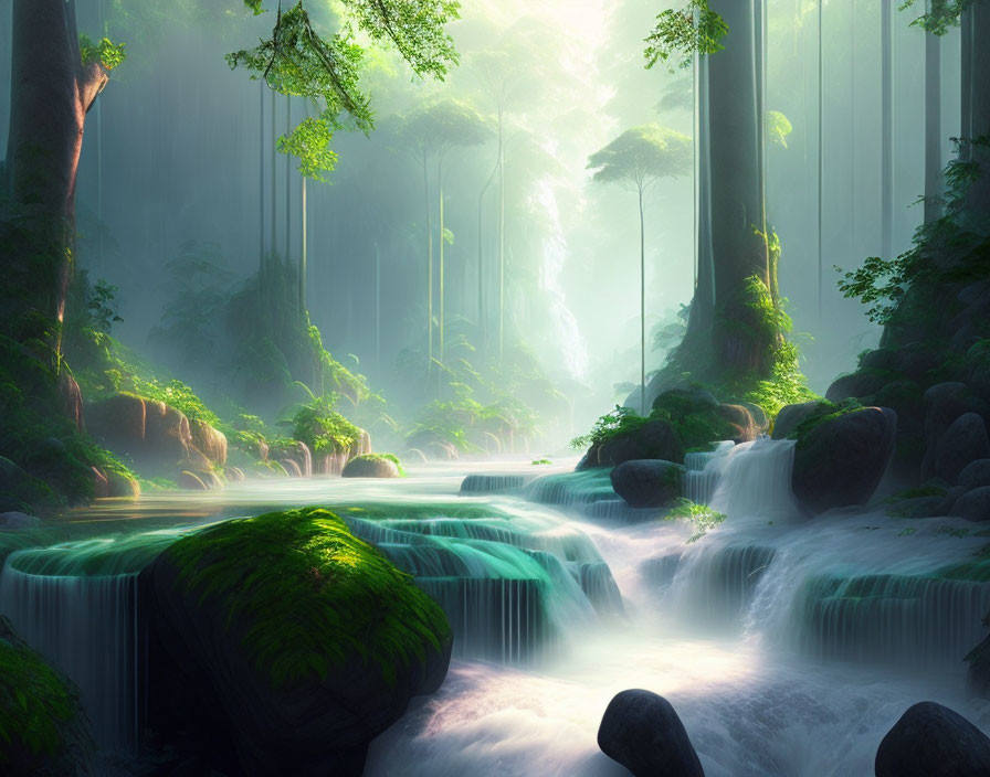 Tranquil forest with sunbeams, waterfalls, moss-covered rocks, and lush trees